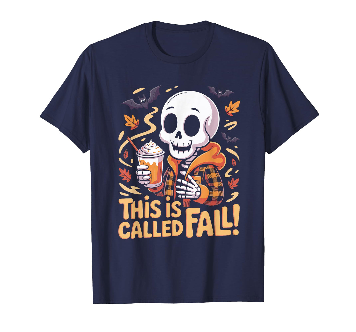 Halloween Skeleton Holding Latte - Bats and Leaves T-Shirt