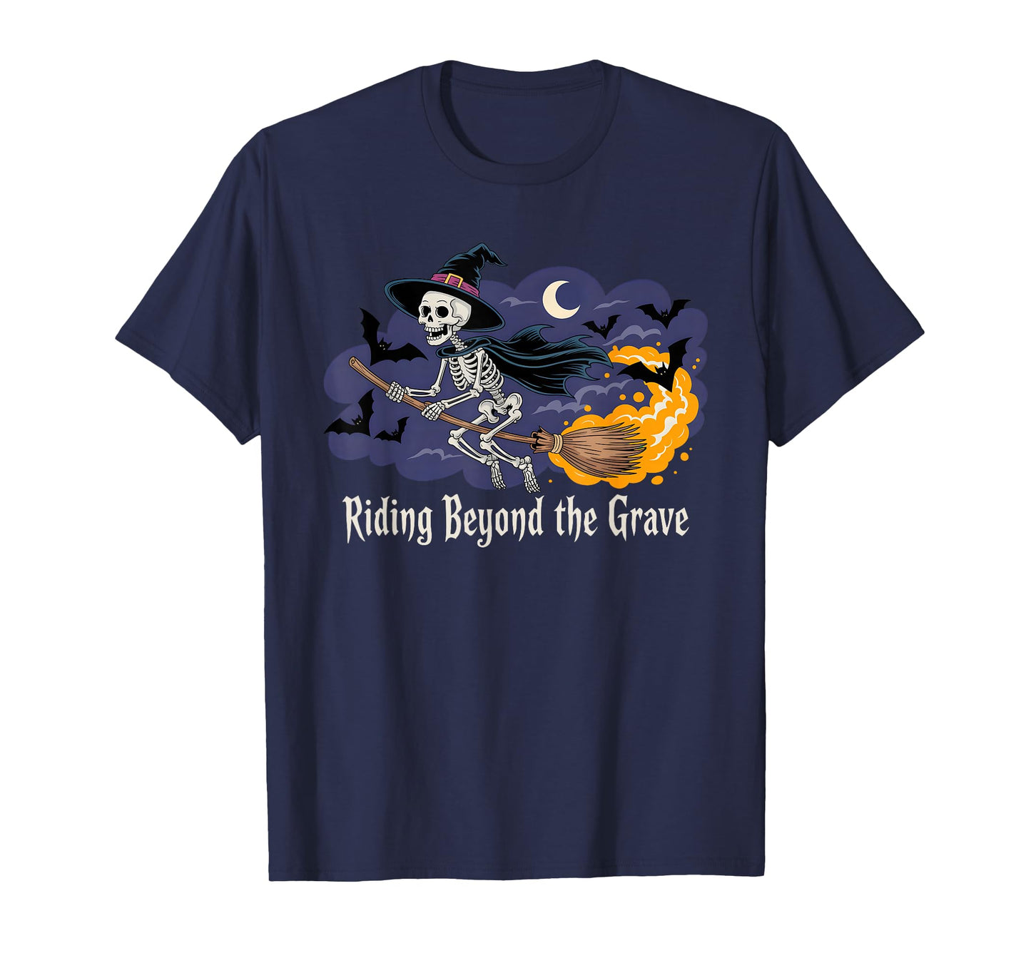 Skeleton Witch Hat Flying Broom Halloween Bats Moon Rider T-Shirt