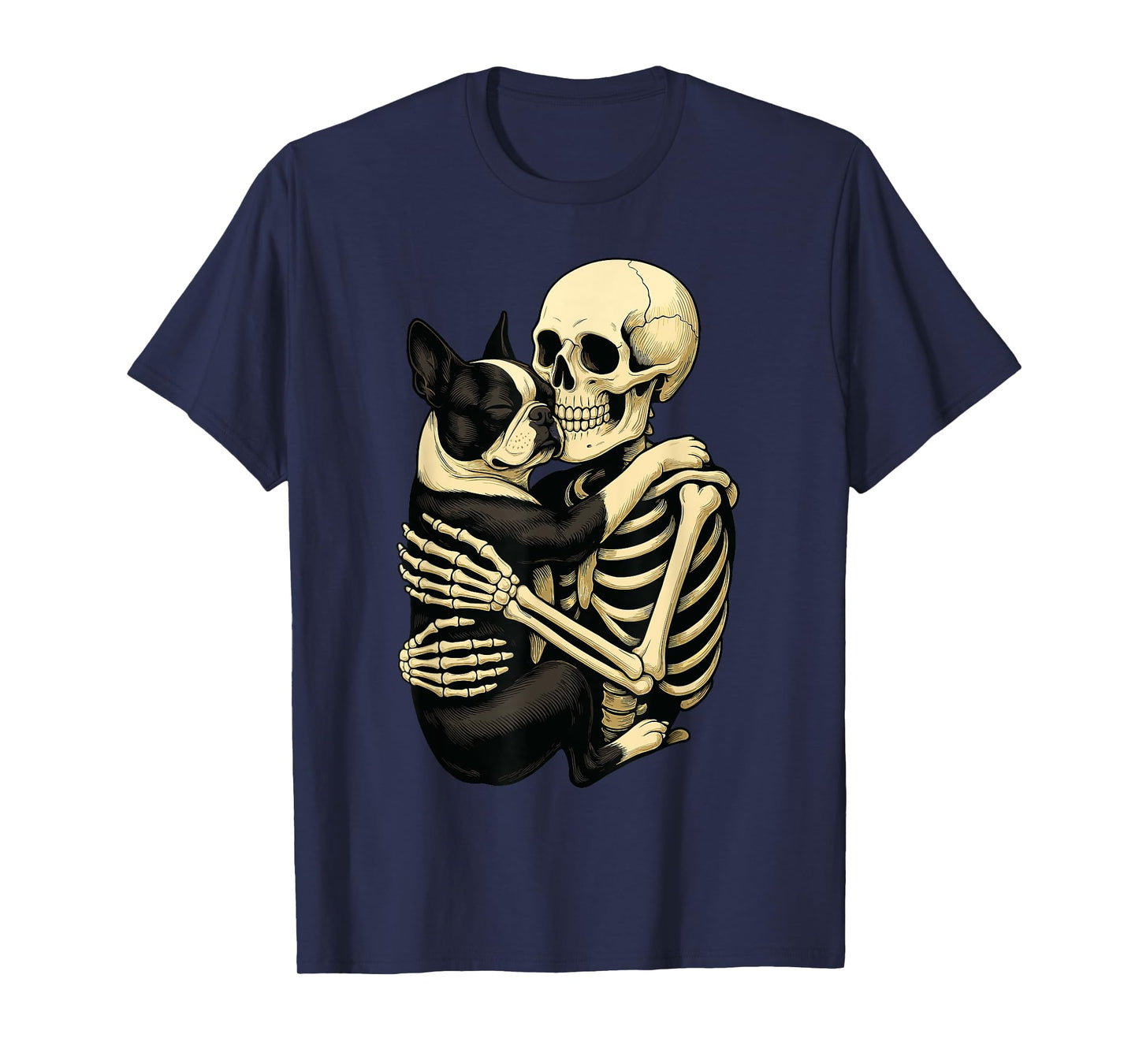 Skeleton Hugging Boston Terrier T-Shirt