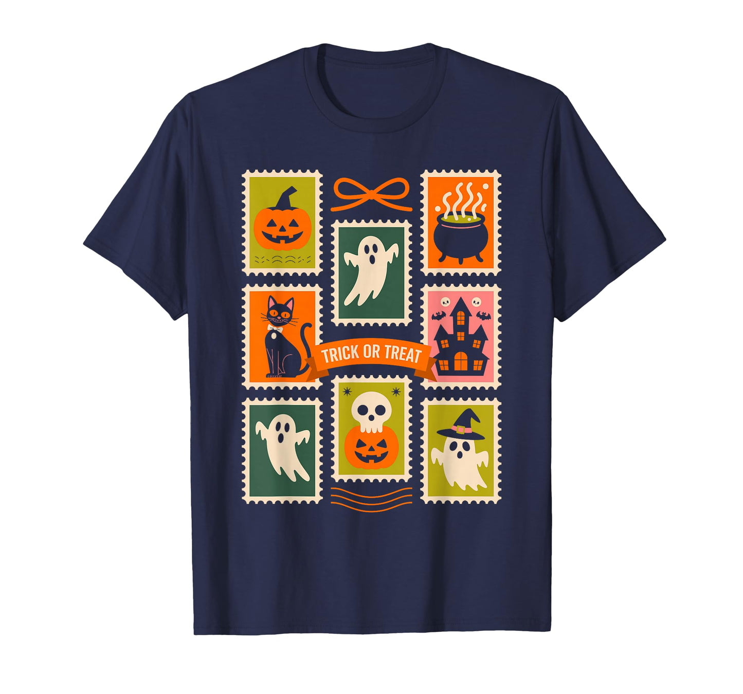 Halloween Stamps Spooky Pumpkin Ghost Cat Witch Skeleton T-Shirt