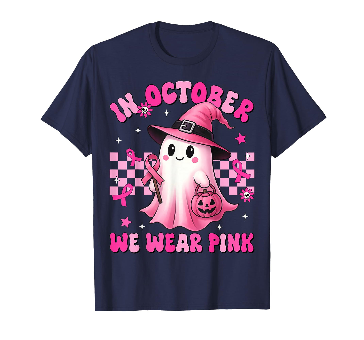 In October We Wear Pink Ghost Witch Breast Cancer Awareness T-Shirt