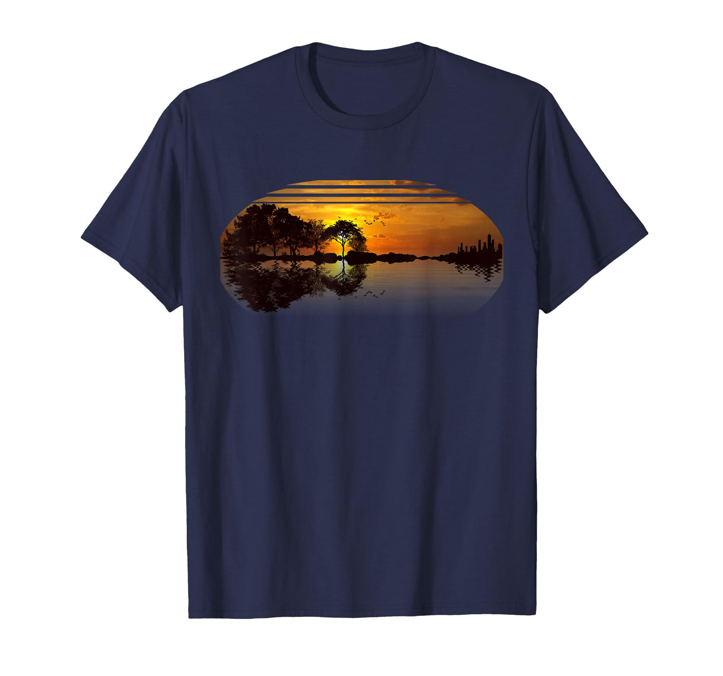 Guitar Sunset Sky Trees City Lake Reflection Stylish Design T-Shirt