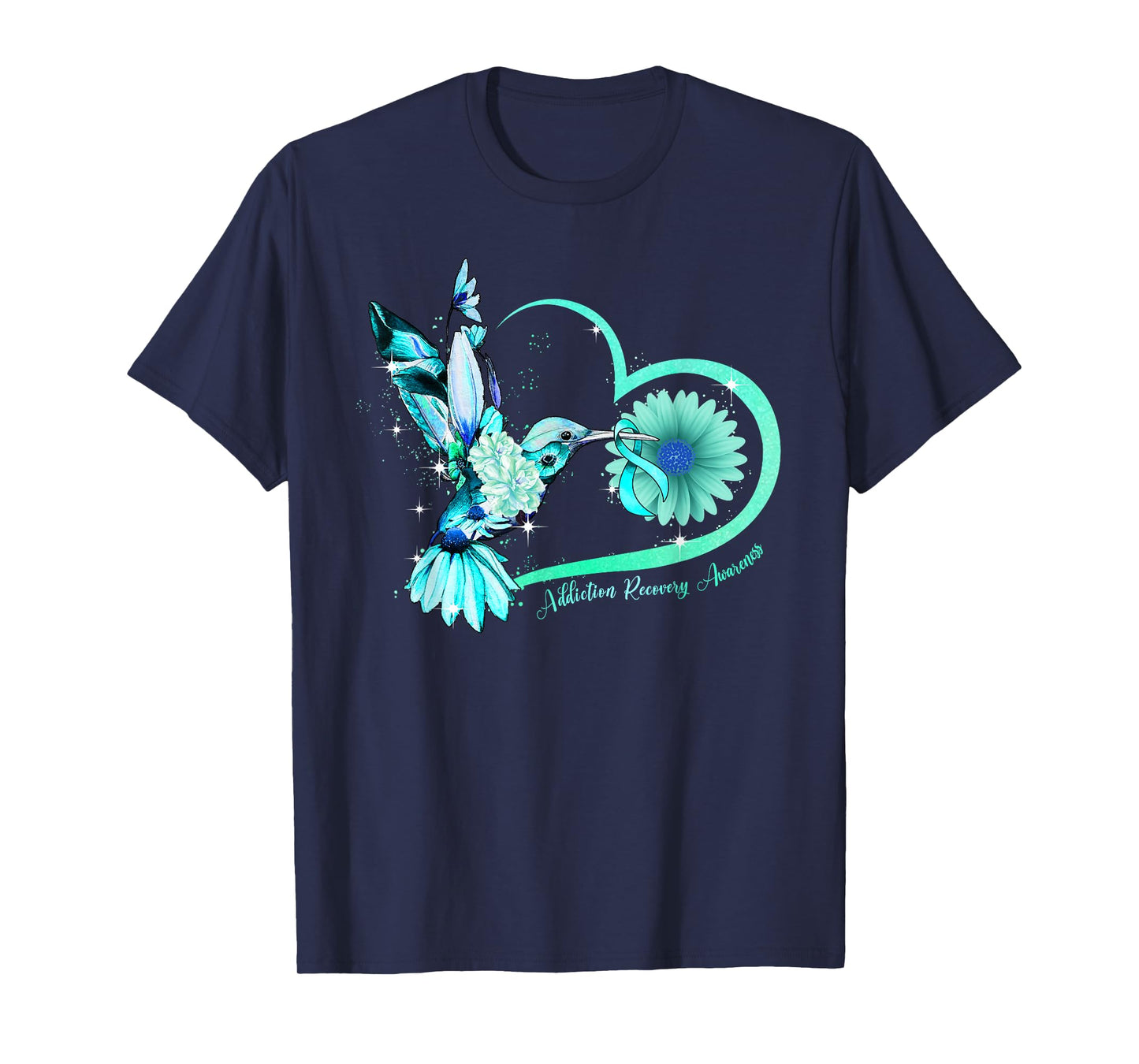 Hummingbird Sunflower Heart Teal Ribbon Addiction Recovery T-Shirt