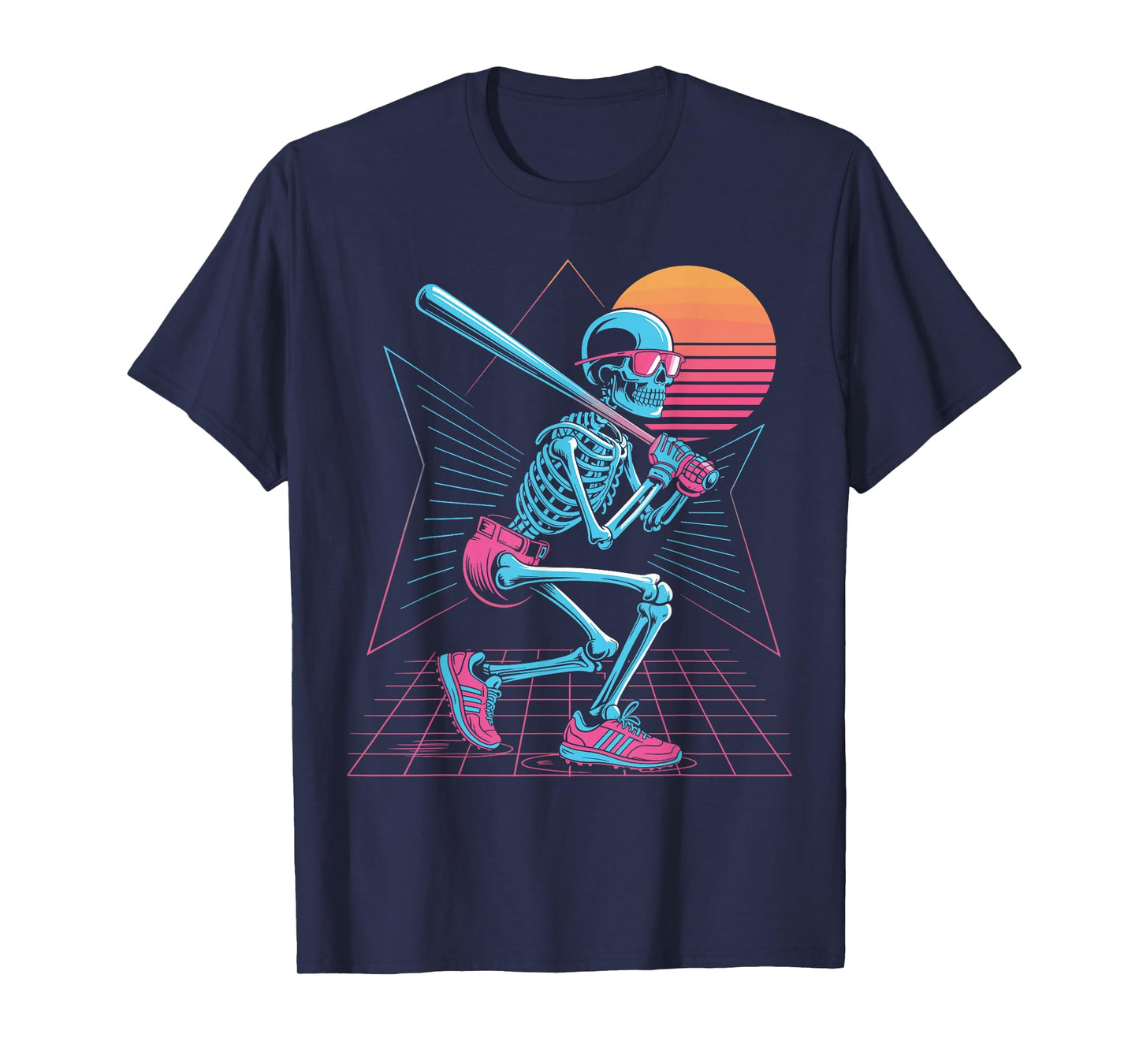 Retro 80s Skeleton Baseball Graphic Synthwave Hitter T-Shirt
