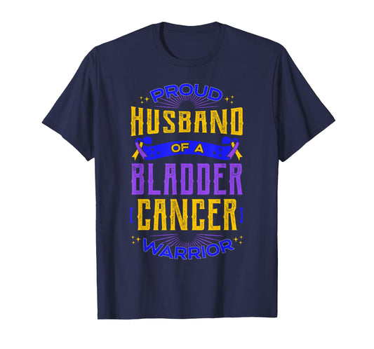 Proud Husband Bladder Cancer Purple Blue And Yellow Ribbon T-Shirt