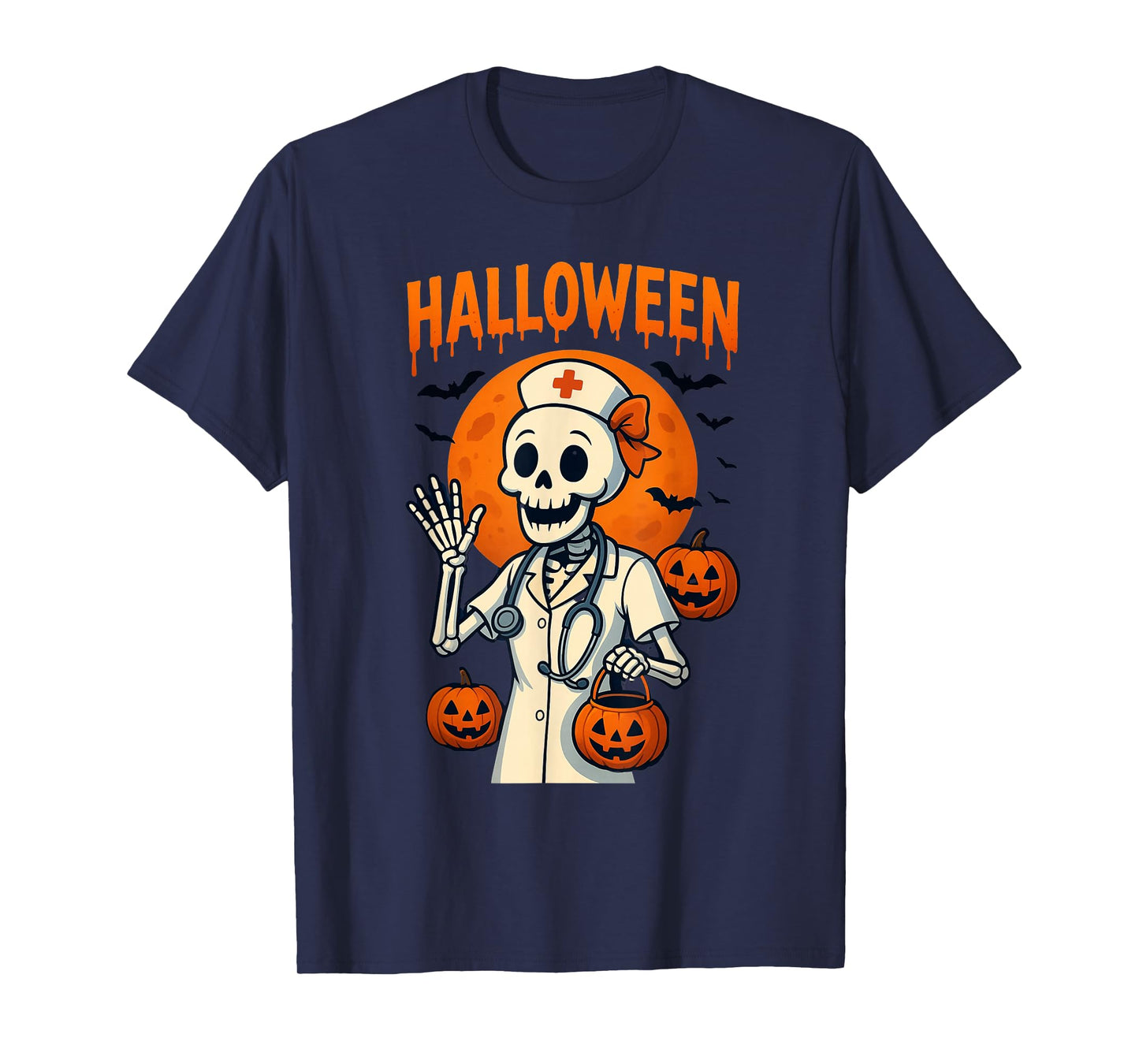 Halloween Nurse Skeleton with Pumpkins – Spooky Medical Cost T-Shirt