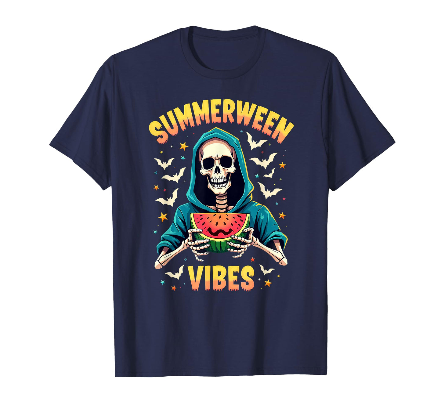 Ghost Skeleton Eating Watermelon Summerween Vibes T-Shirt