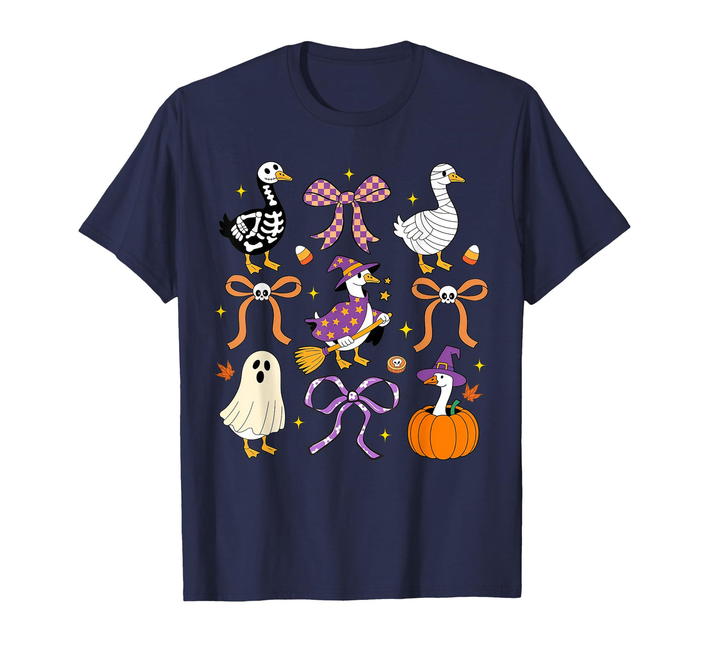 Spooky Goose Coquette Bow Pumpkin Skeleton Goose Halloween T-Shirt
