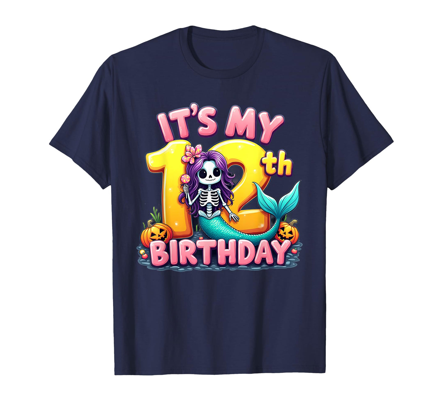 Kids It's My 12th Birthday Girl Halloween Mermaid Skeleton T-Shirt