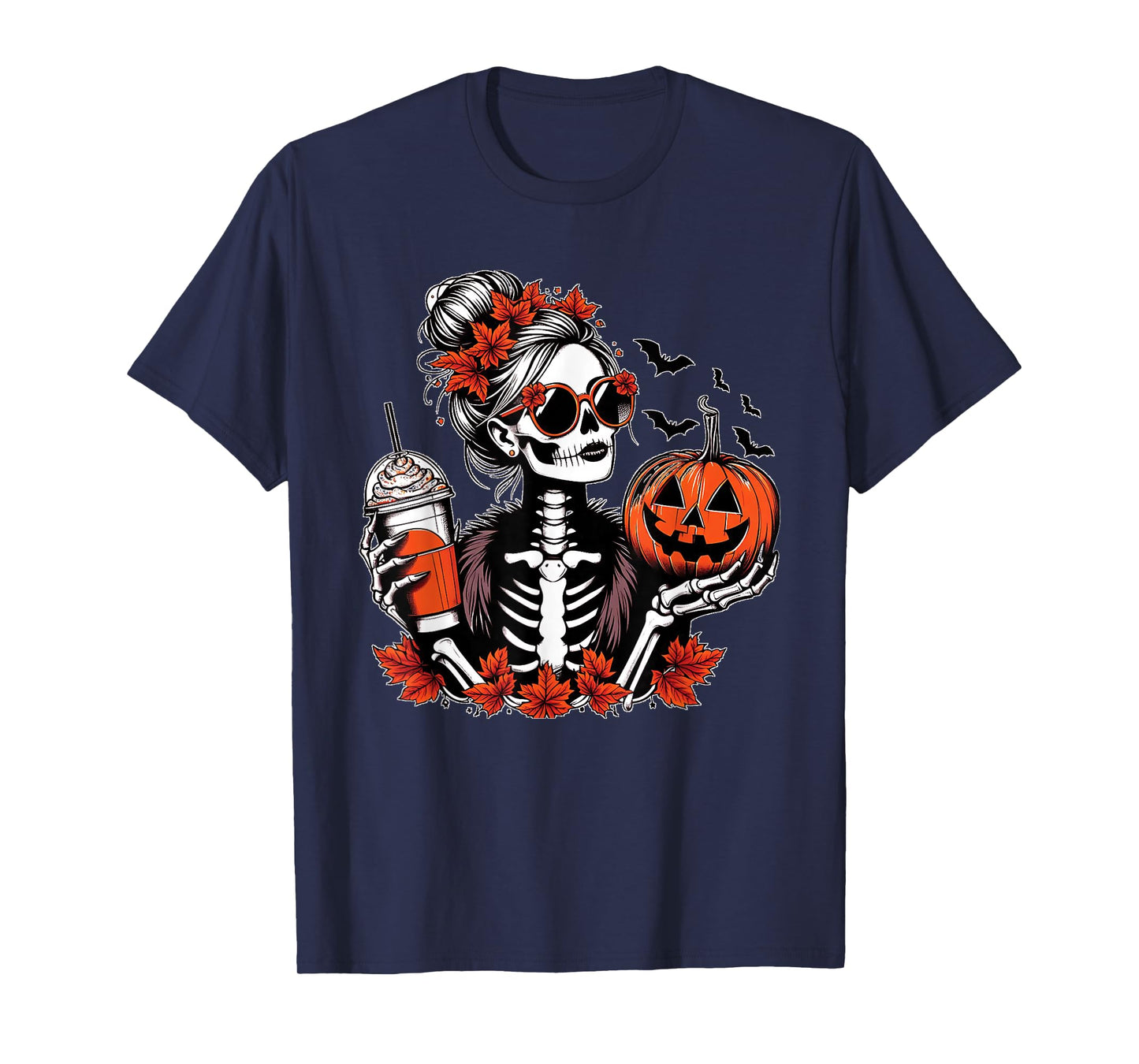 Funny Skeleton Drinking Coffee Pumpkin Halloween T-Shirt