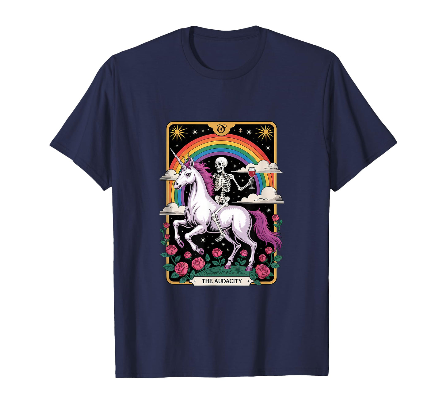 The Audacity Skeleton Unicorn Rainbow Tarot Design T-Shirt