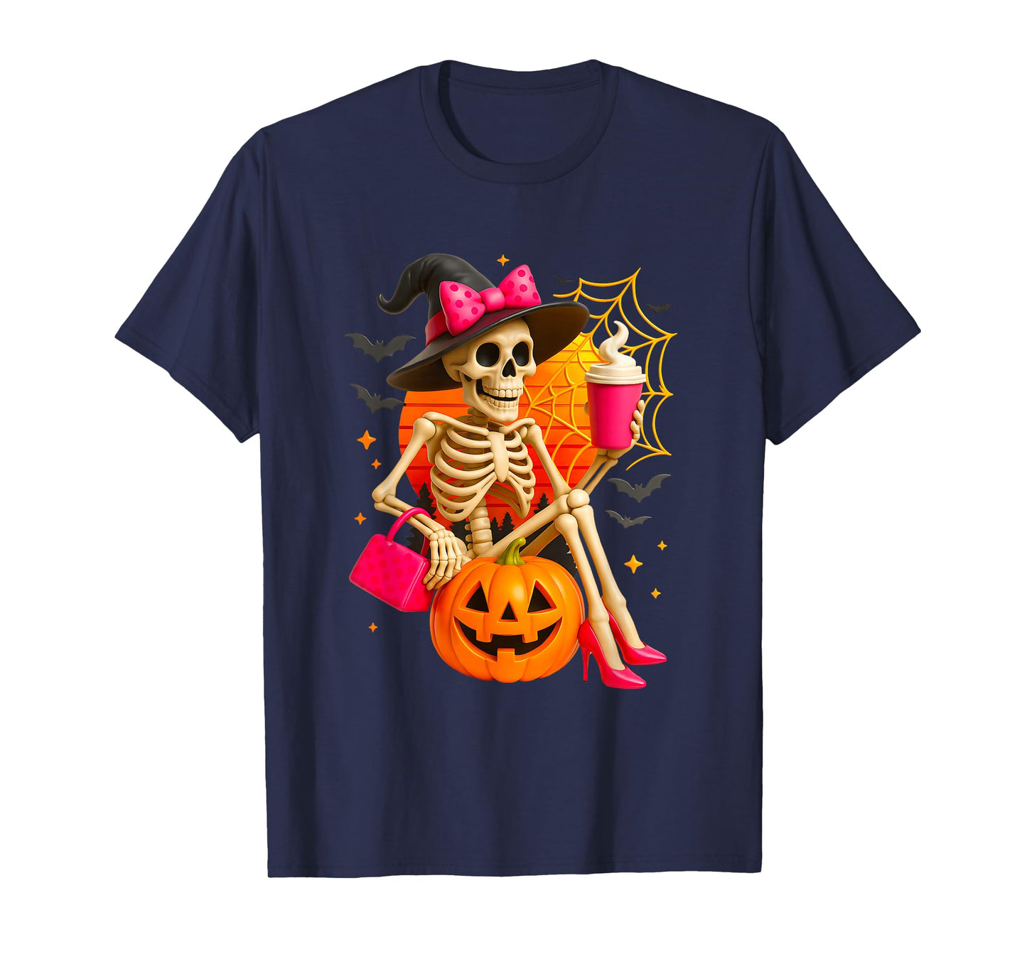 Halloween Skeleton with Pumpkin Hat and Coffee in High Heels T-Shirt
