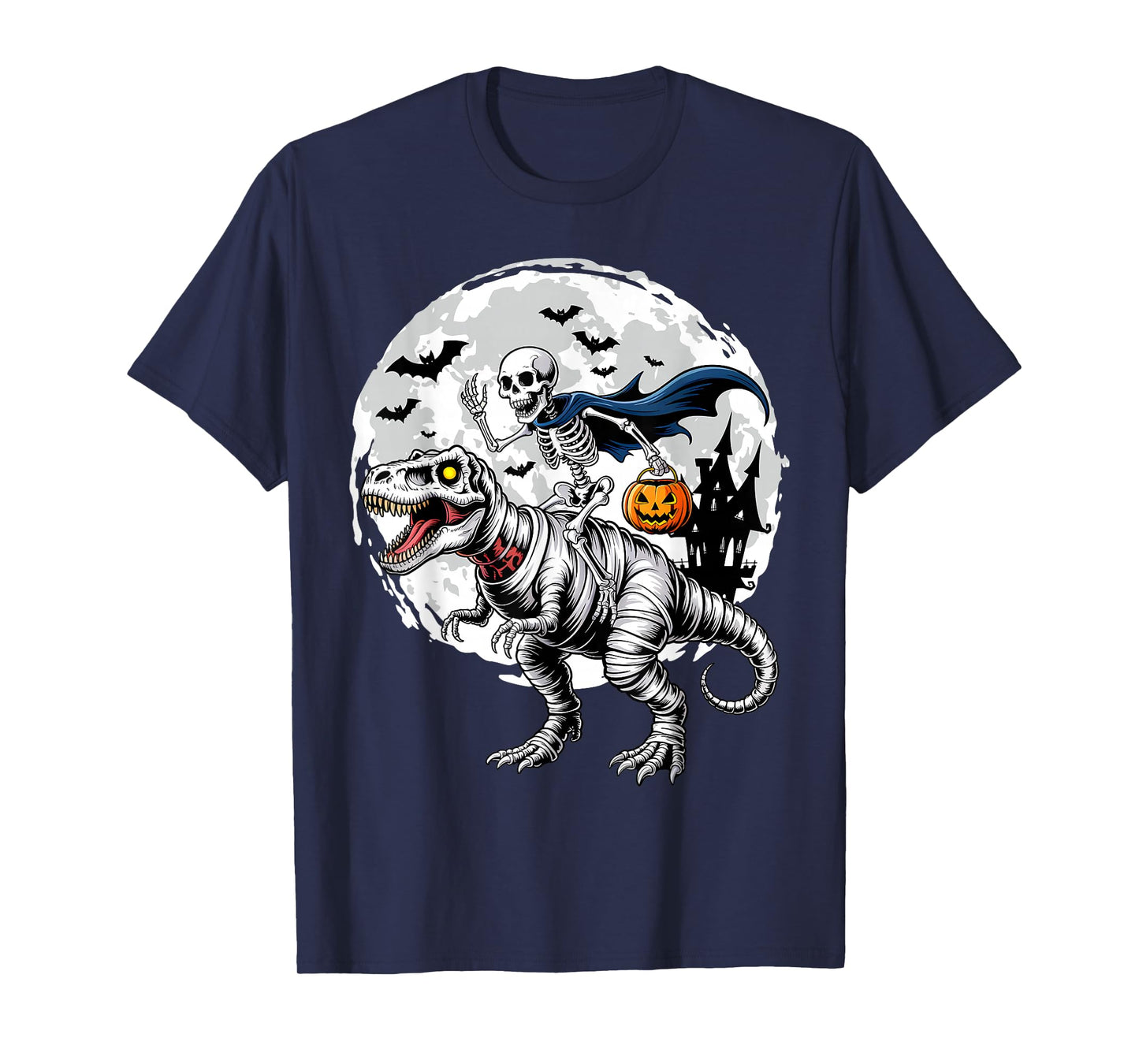 Skeleton Riding Mummy Dinosaur T Rex Pumpkin Funny Halloween T-Shirt