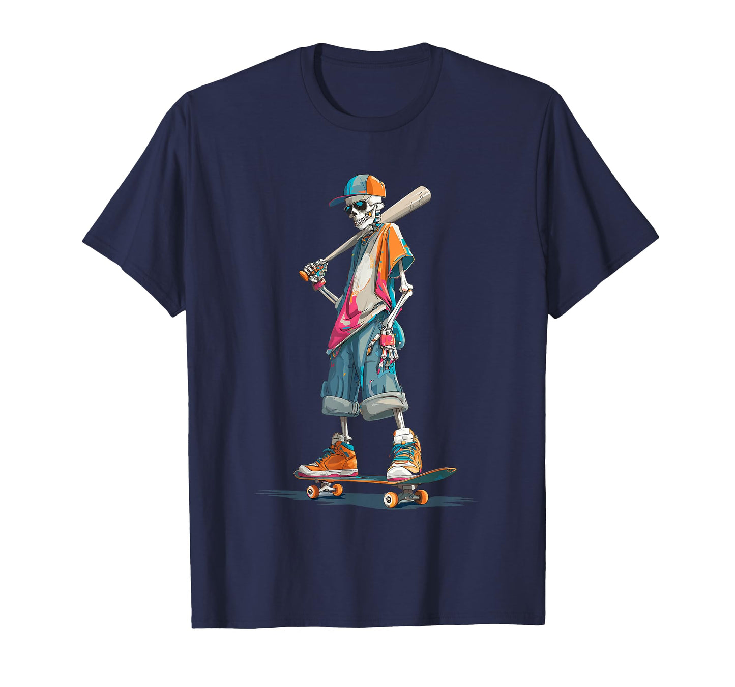 Halloween Skeleton Skater Baseball Bat Graphic Streetwear T-Shirt