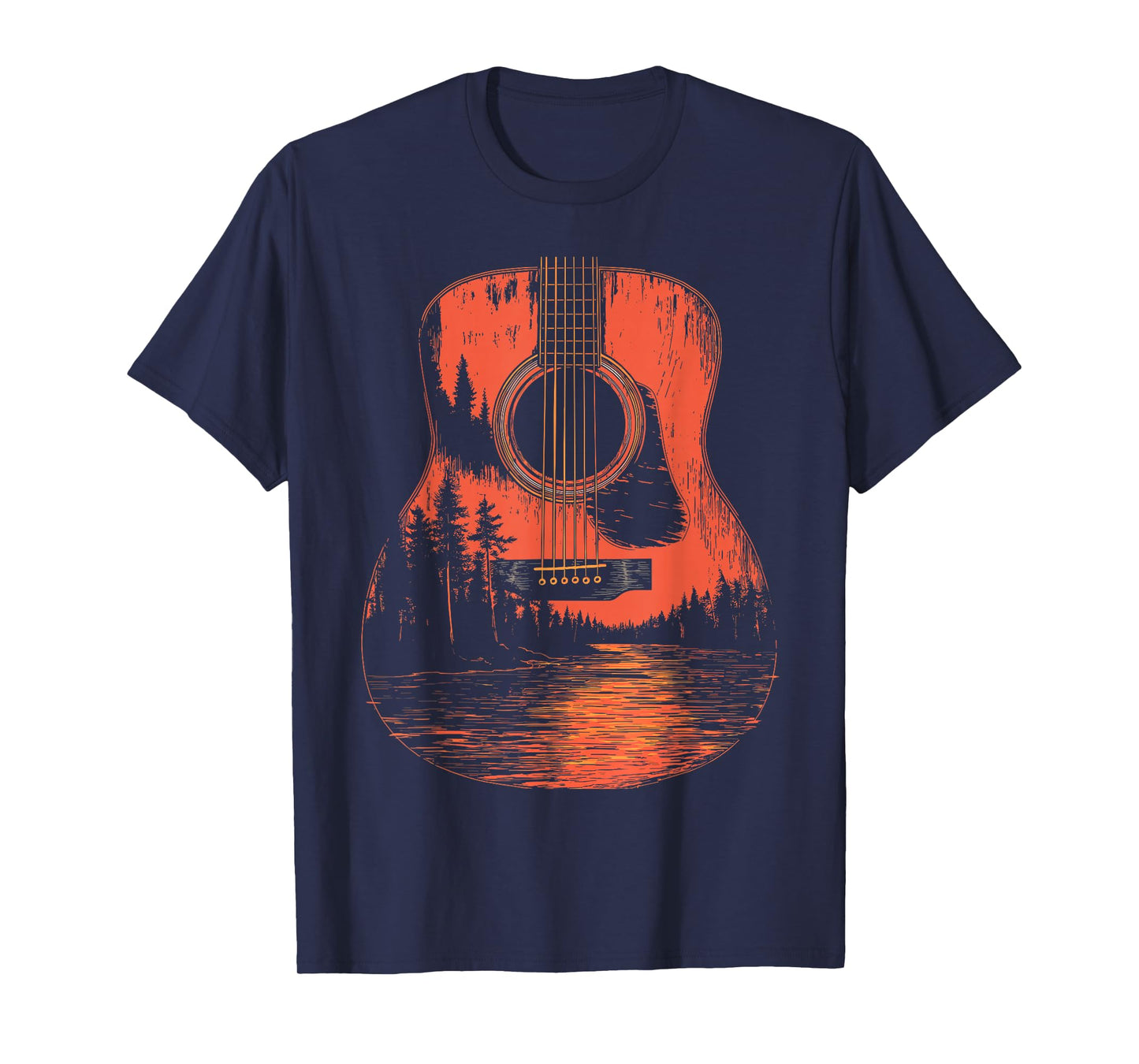 Acoustic Guitar Forest Sunset Nature Music Art T-Shirt