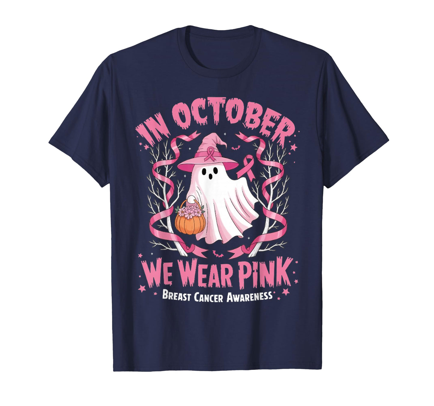 in October We Wear Pink Ghost Witch Breast Cancer Awareness T-Shirt