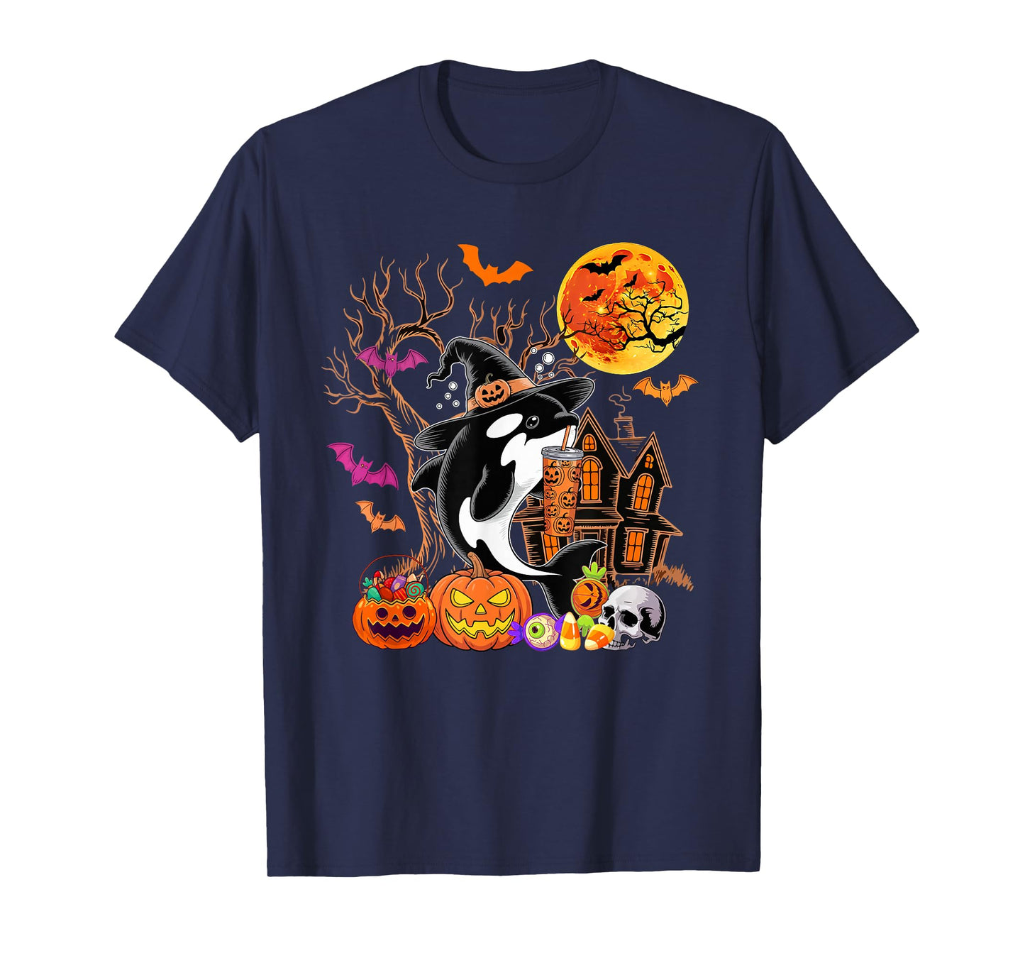 Orca As Witch Drinking Coffee Halloween Carved Pumpkin T-Shirt