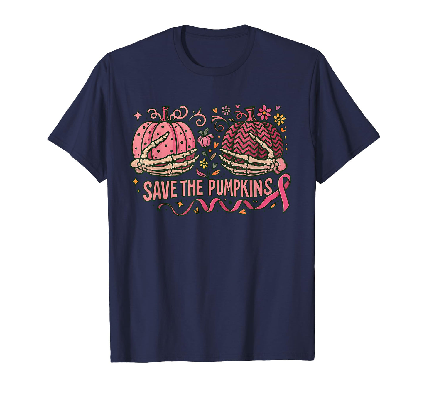 Skeleton Save The Pumpkins, Pink Ribbon Breast Cancer T-Shirt