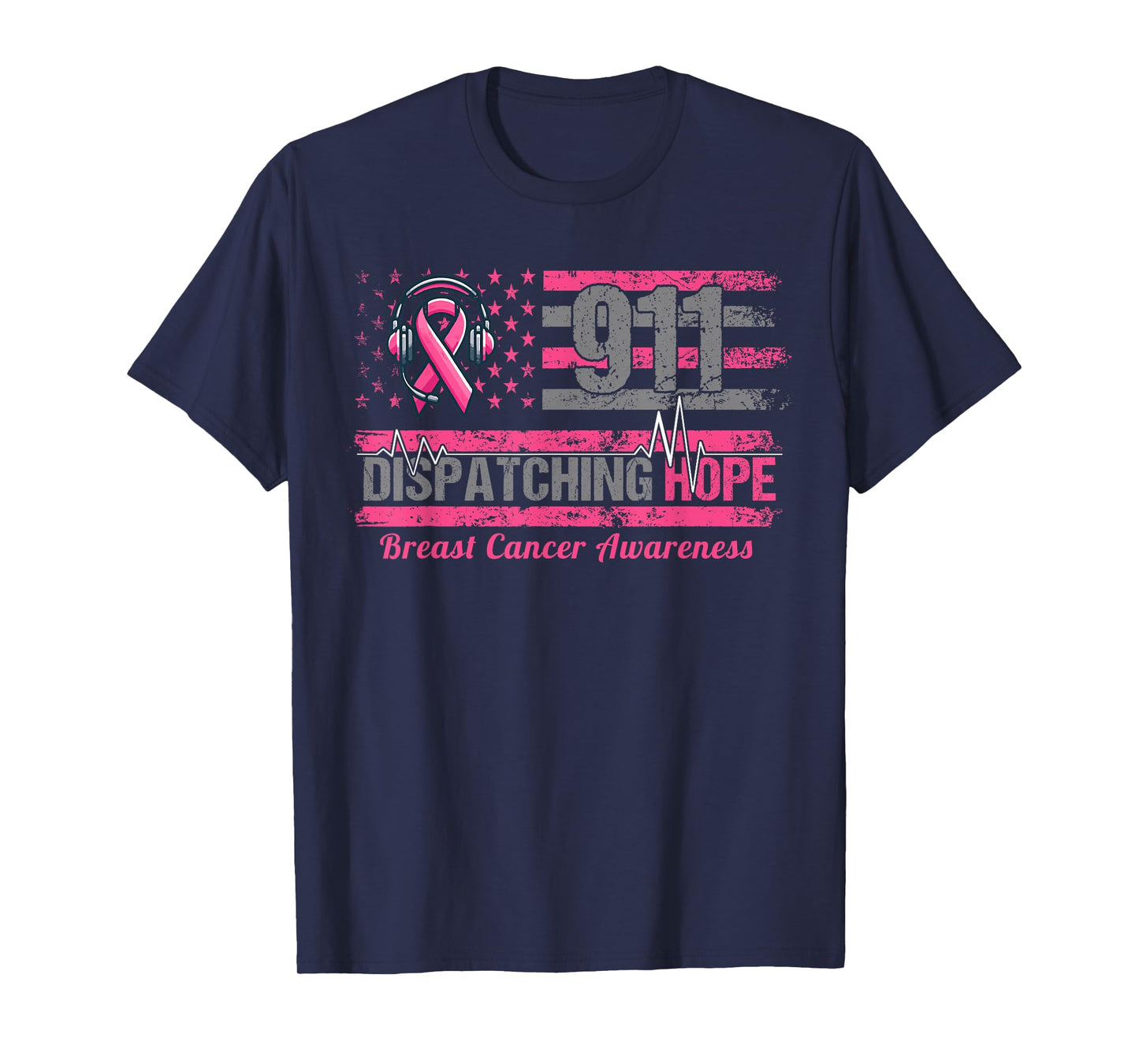 911 Dispatcher Breast Cancer Awareness American Flag T-Shirt