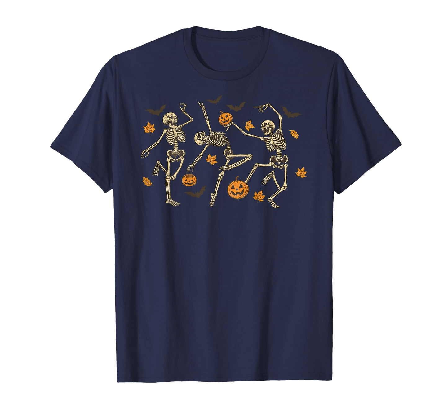 Dancing Skeletons with Pumpkins and Autumn Leaves - On Back T-Shirt