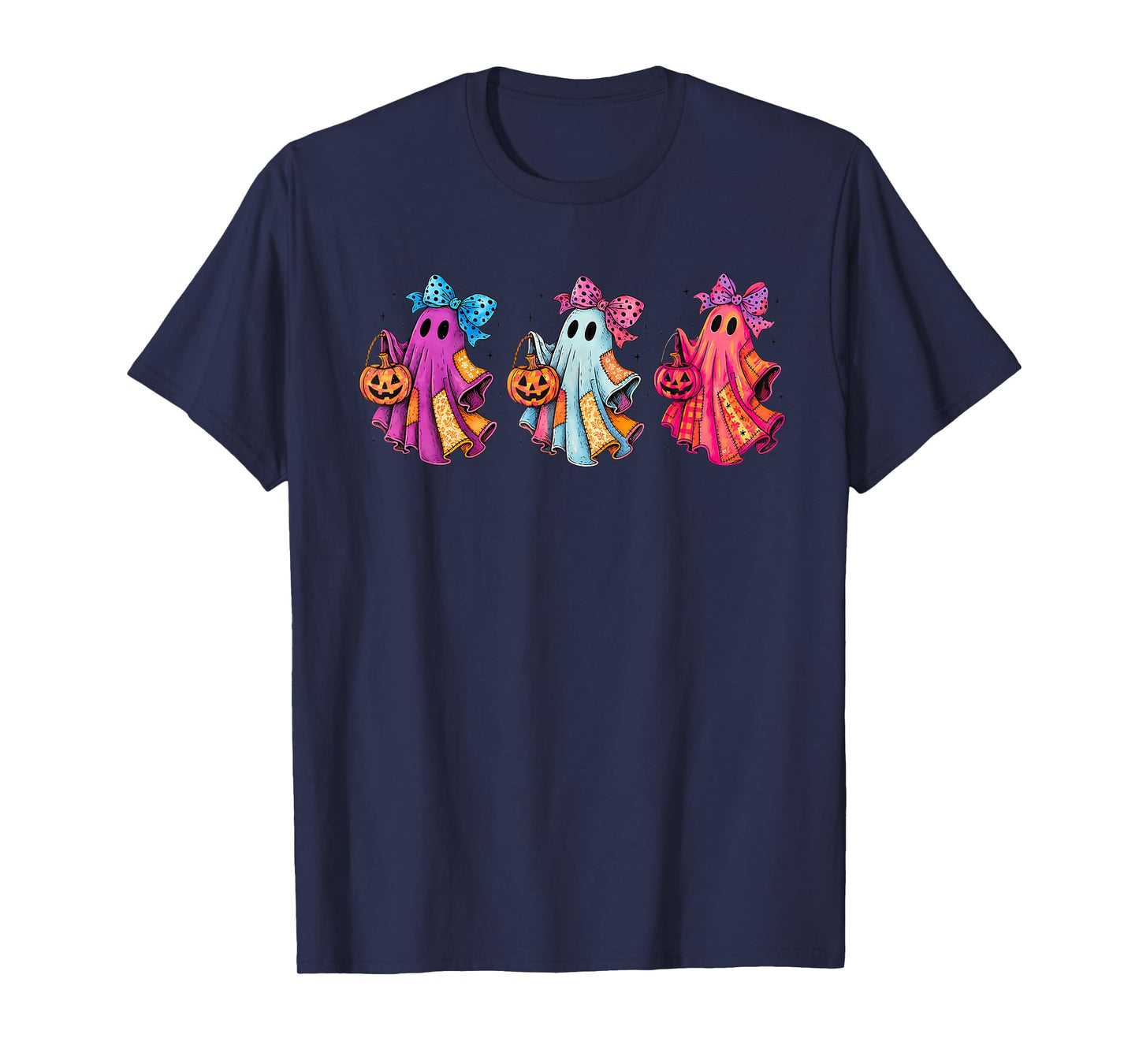 Preppy Girly Coquette Bow Patchwork Ghost Fall Halloween T-Shirt