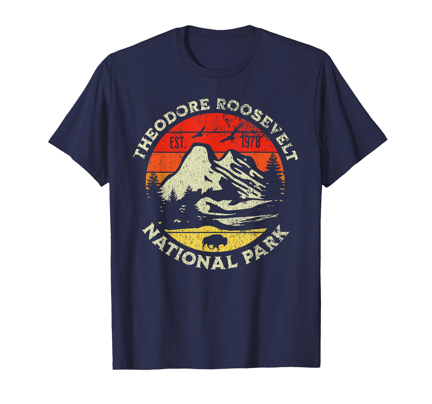 Theodore Roosevelt National Park T-Shirt - Blue, Unisex-Adults, Kids - Crew Neck, Short Sleeve - Retro Nature Design - Hiking, Camping, Outdoor - All Seasons