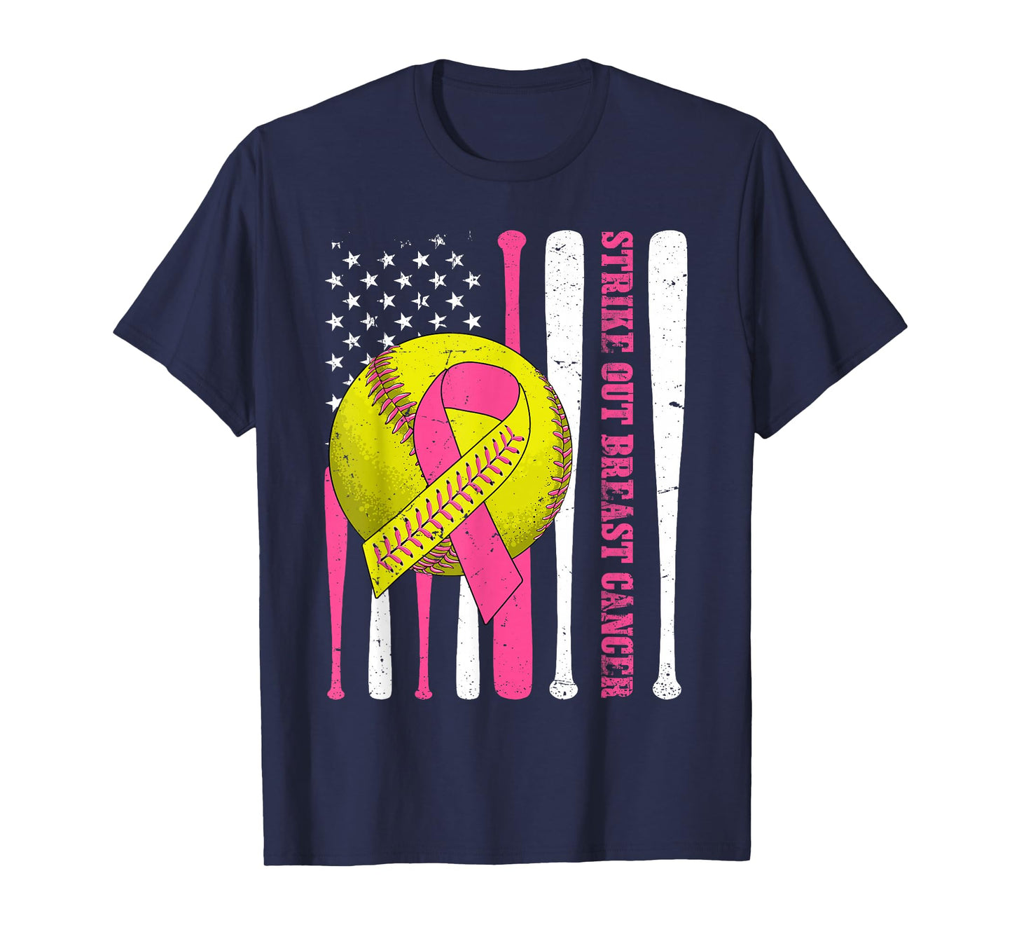 Strike Out Breast Cancer Softball American Flag Women Girls T-Shirt