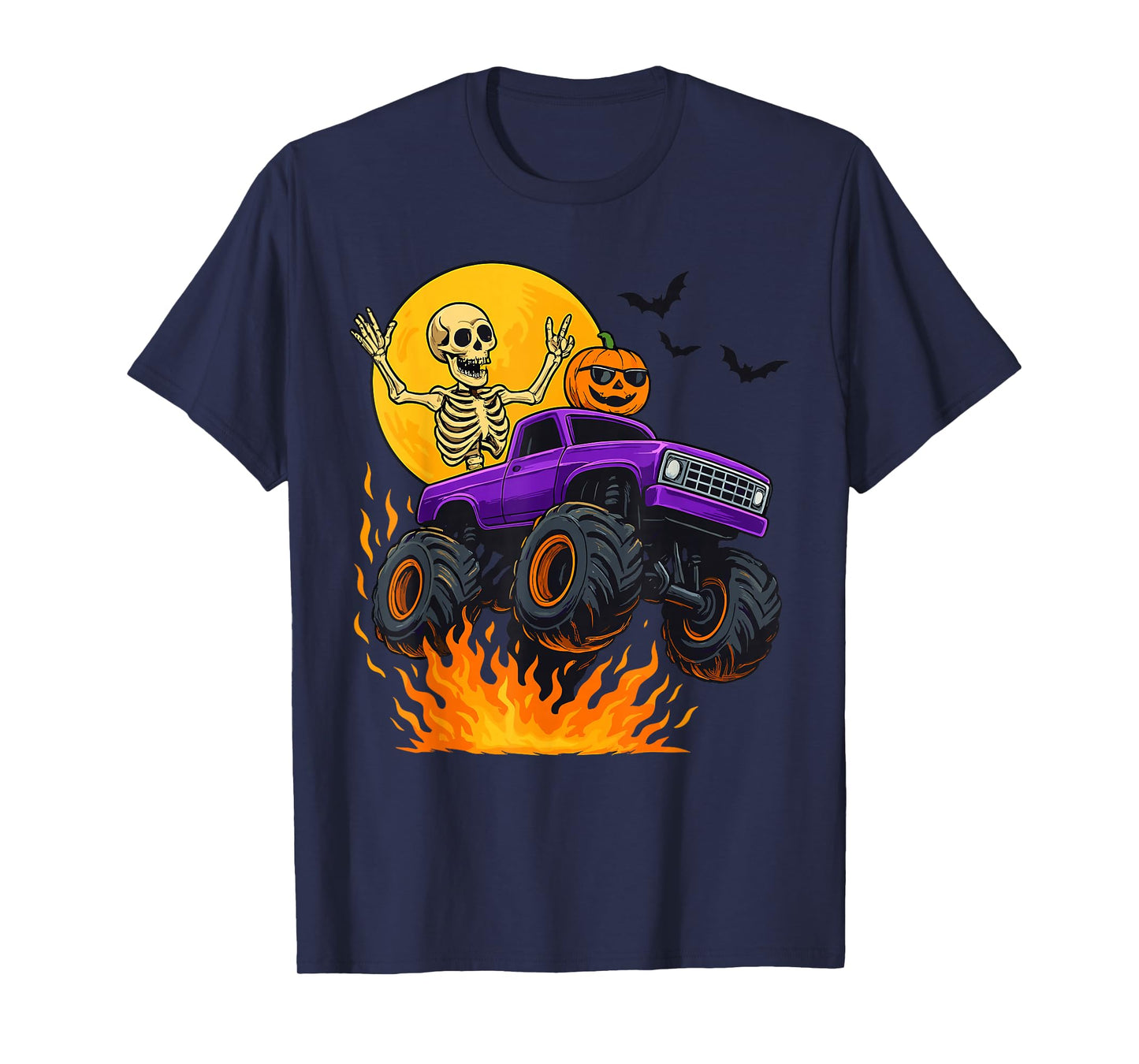 Spooky Skeleton Riding Monster Truck Halloween Costume T-Shirt