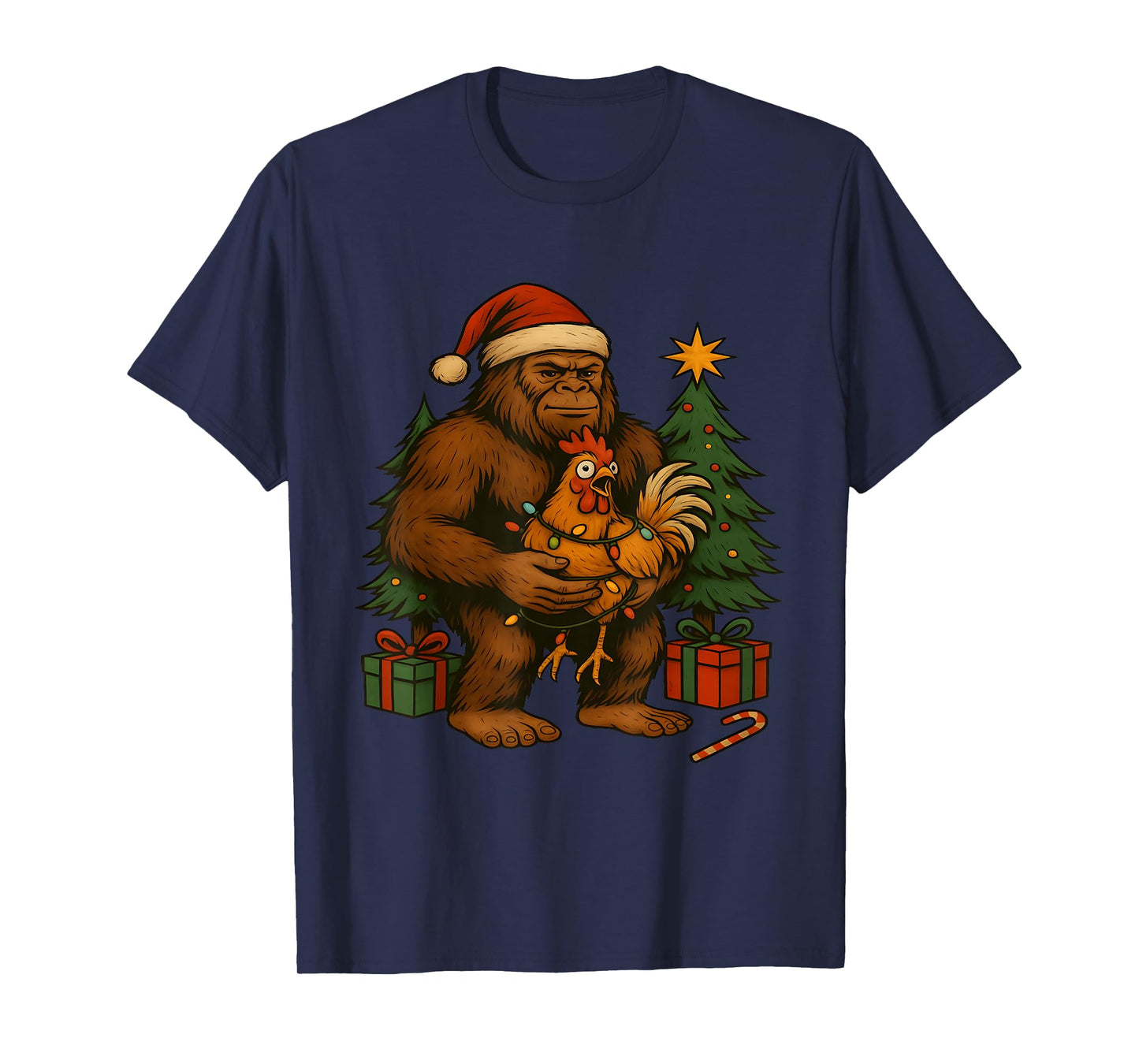 Bigfoot Holding Rooster Meme F-Caw-F Chicken Christmas T-Shirt