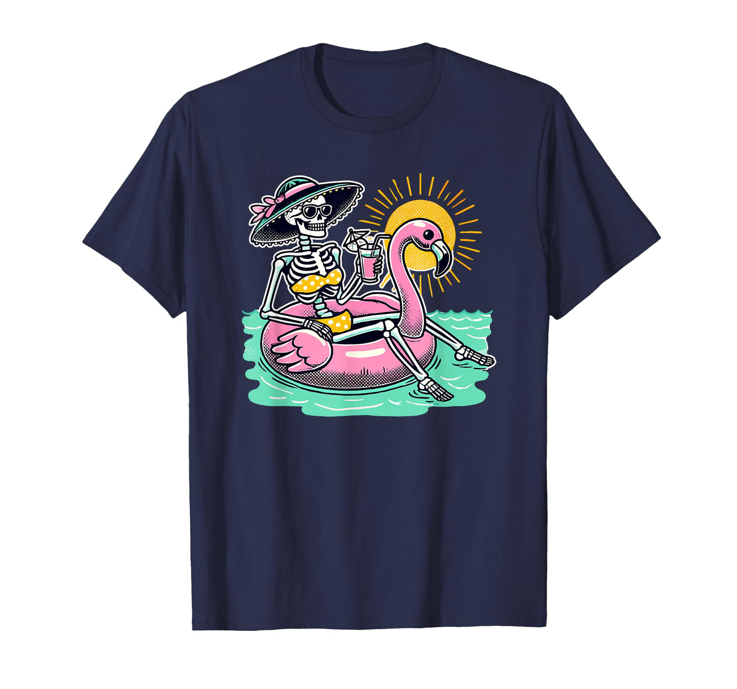 Retro Summer Skeleton Flamingo Float Vacation Beach Drink Men Women T-Shirt