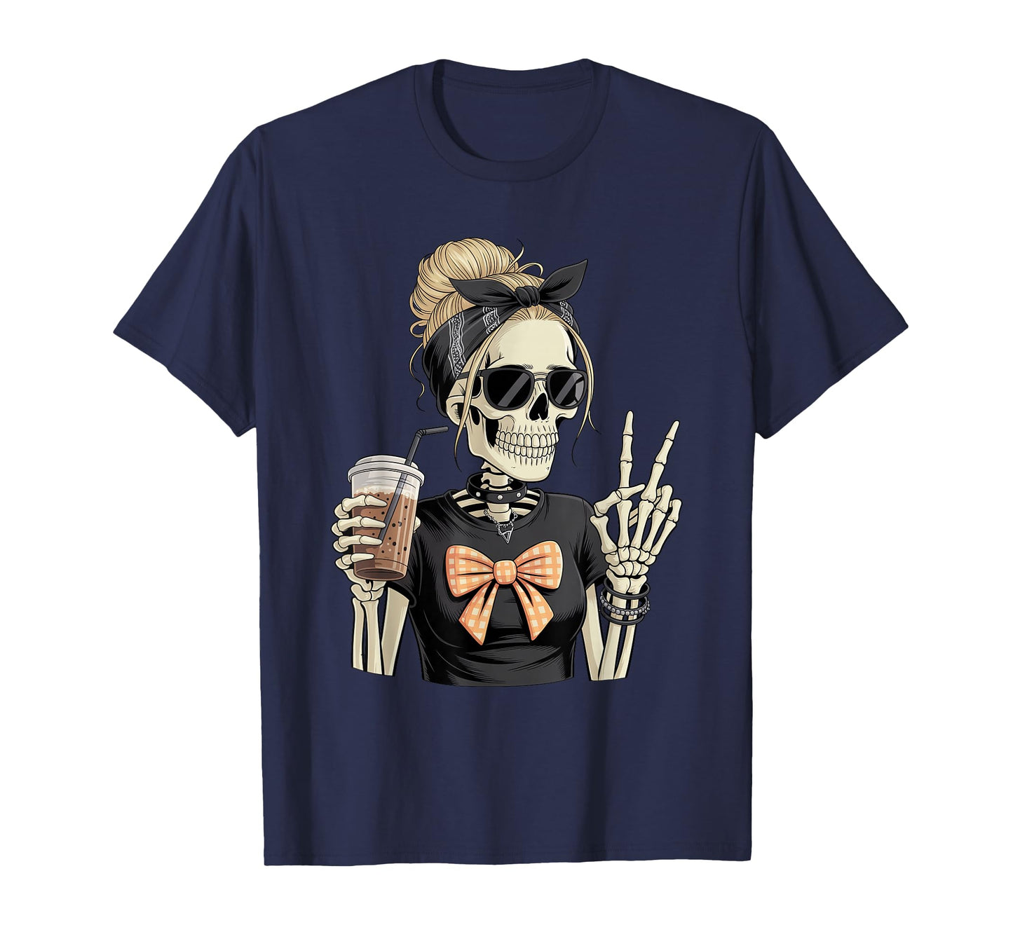Skeleton Girl Drinking Coffee Peace Sign Graphic for Women T-Shirt