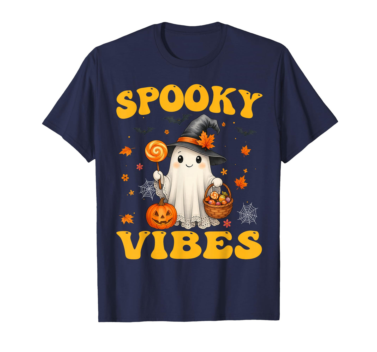 Groovy Spooky Vibes Retro Ghost Holding Pumpkin Halloween T-Shirt