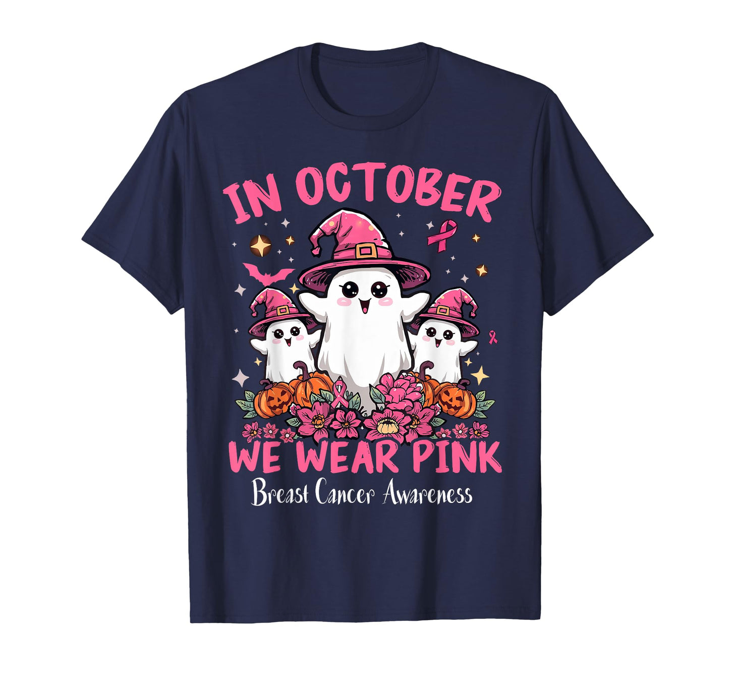 in October We Wear Pink Breast Cancer Awareness Ghost Ribbon T-Shirt