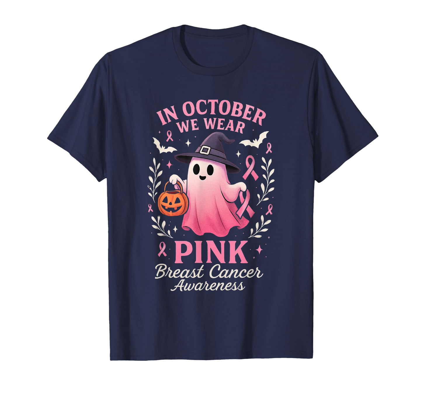 in October We Wear Pink Ghost Breast Cancer Support Womens T-Shirt