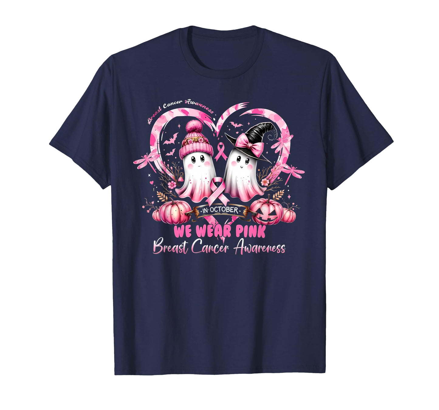 in October We Wear Pink Breast Cancer Heart Dragonflies T-Shirt