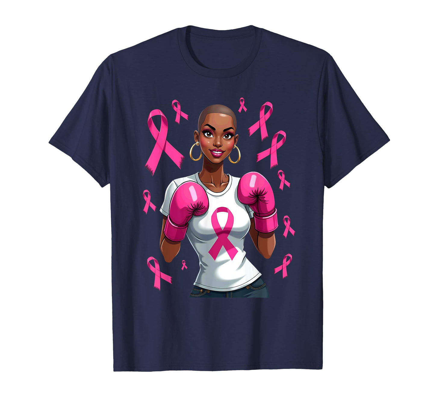 Afro Girl Melanin Breast Cancer Fighter Boxing Boxer T-Shirt