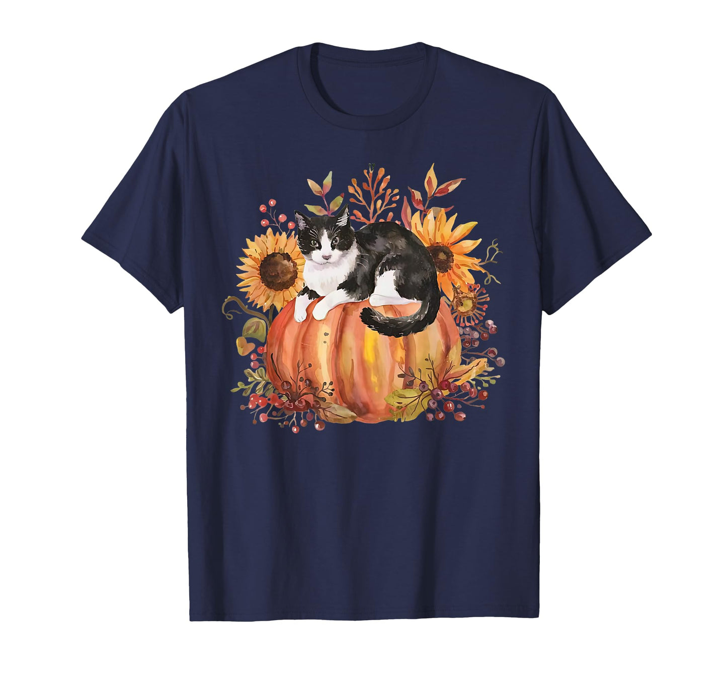 Fall Pumpkin Tuxedo Cat Sunflower Thanksgiving Spooky Season T-Shirt