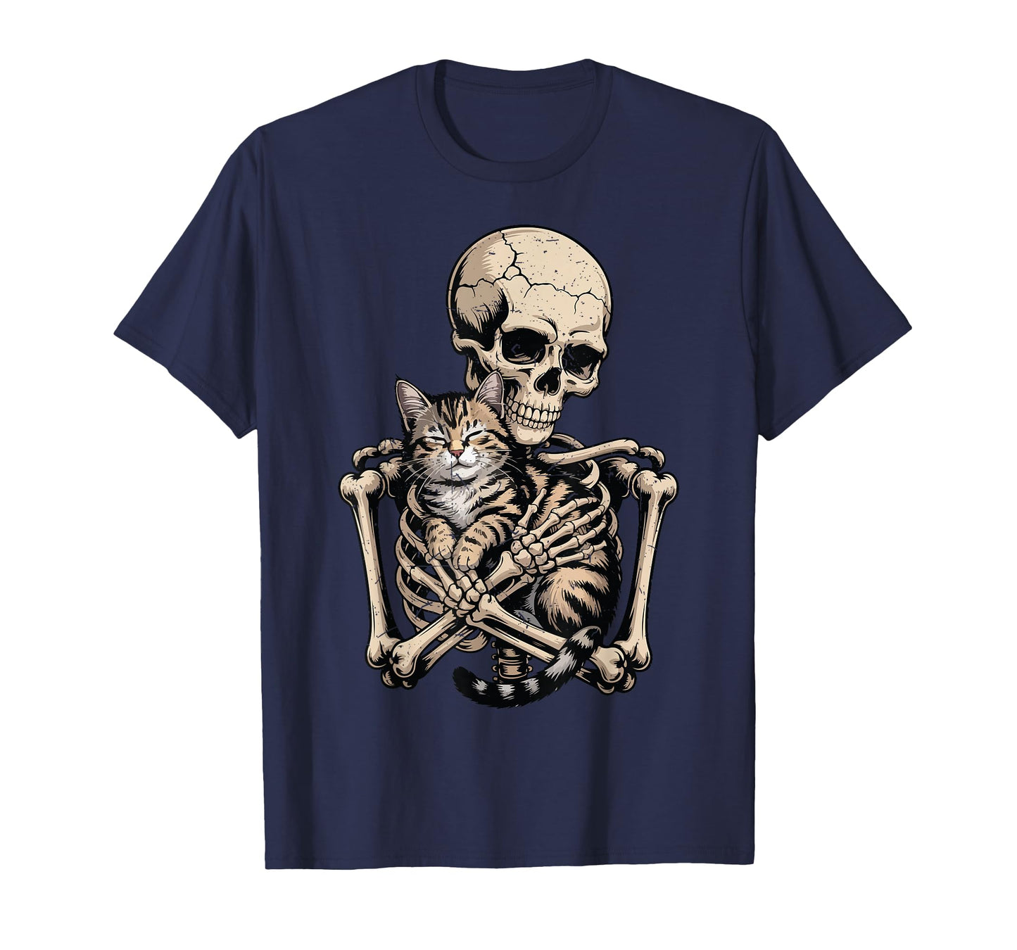 Funny Cat Halloween Skeleton Hugging Tabby Cat Dad Daddy Mom T-Shirt