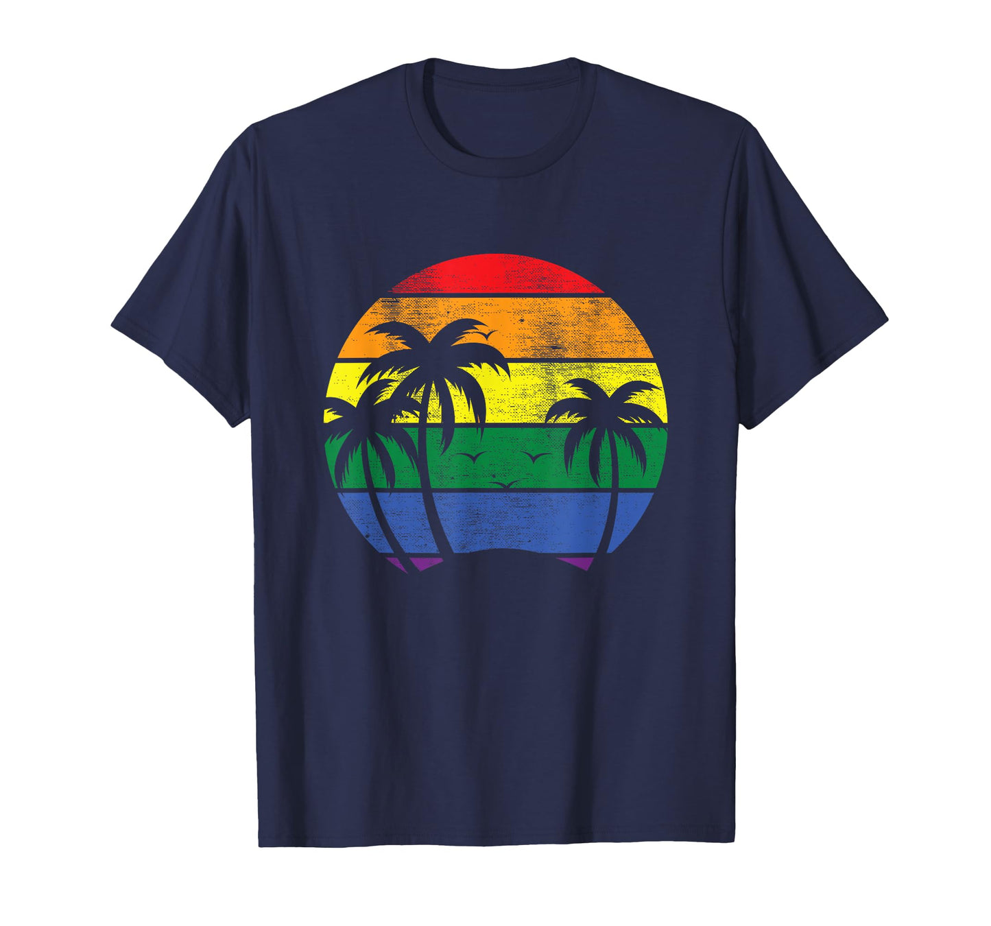 Pacific Ocean Palm Trees With Vintage LGBT Rainbow Sunset T-Shirt