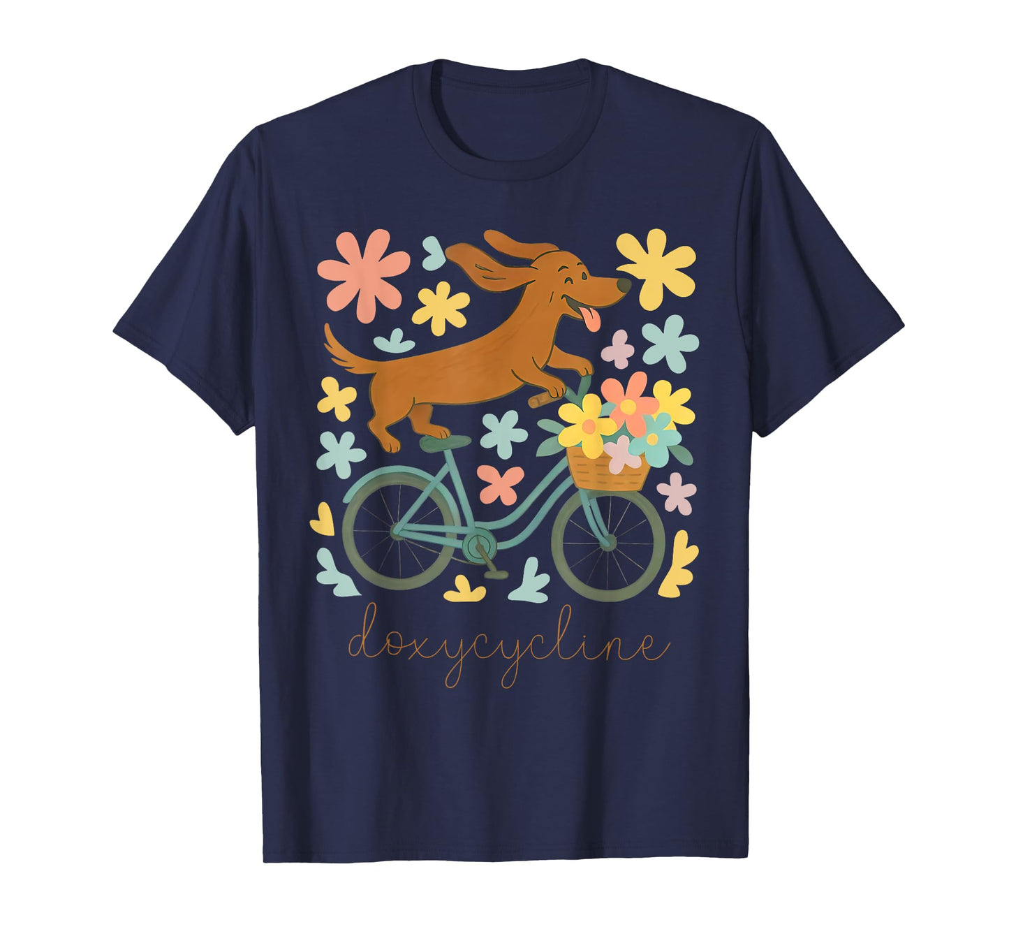Doxycycline Pharmacy Pun Funny Dachshund on Bicycle Flower T-Shirt