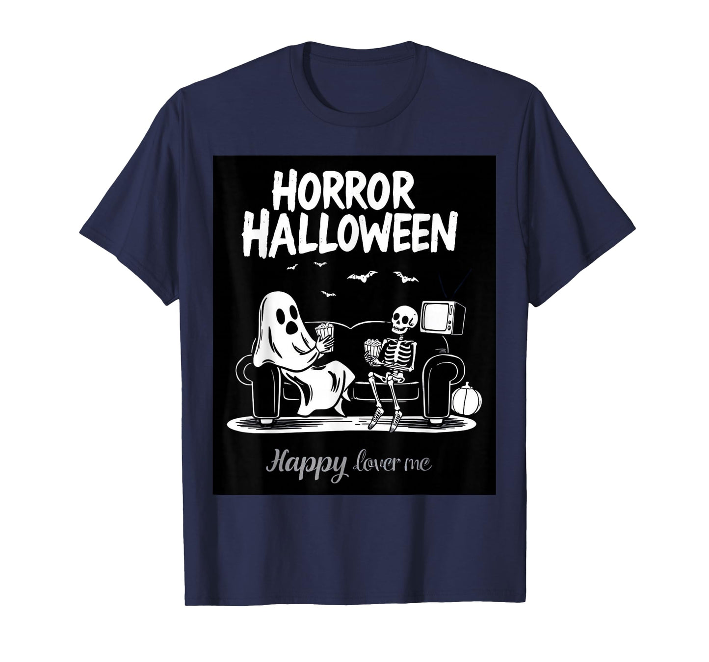 Funny Ghost and Skeleton Watching TV with Popcorn Halloween T-Shirt