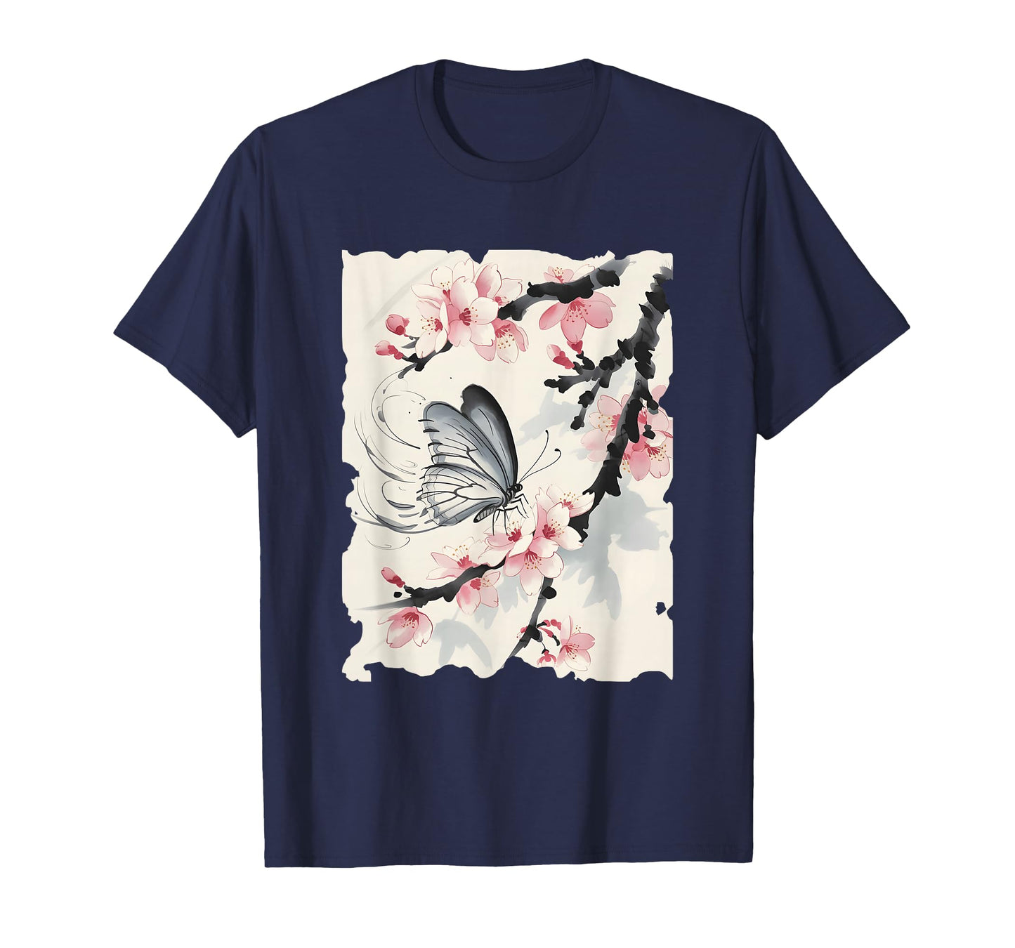 Butterfly Cherry Blossoms Japanese Art - Vintage Sumi-e T-Shirt