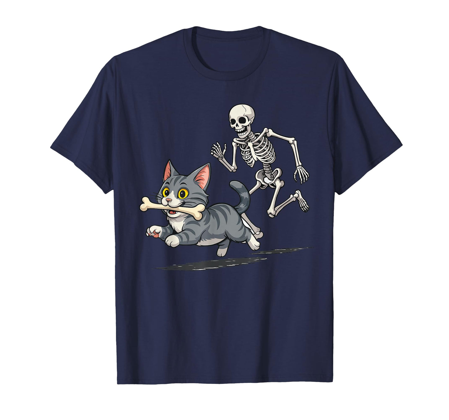 Funny Skeleton Chasing Cat Halloween Pet Lover T-Shirt