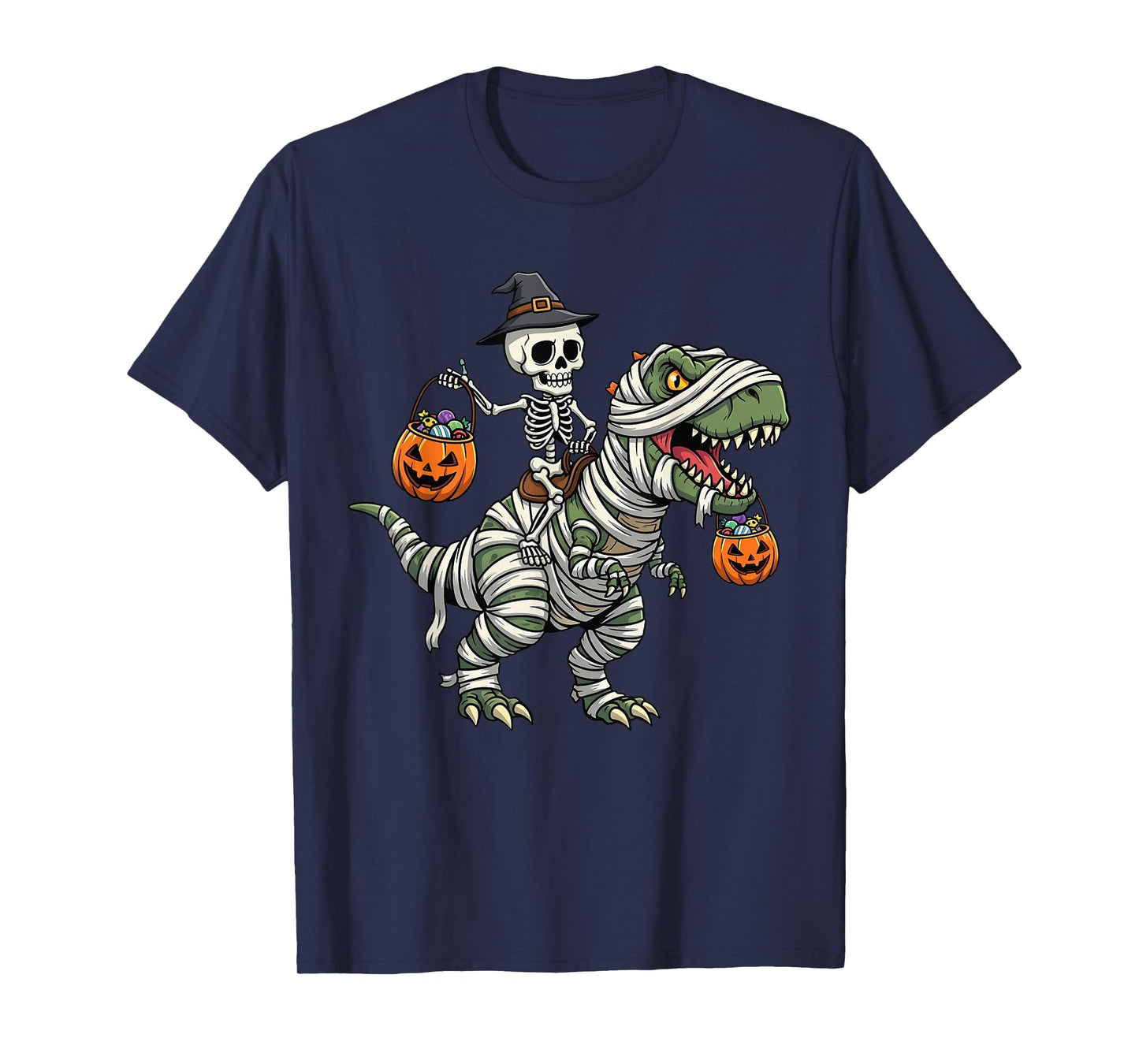 Mummy Skeleton Riding Dinosaur T Rex Kids Boys Men Halloween T-Shirt