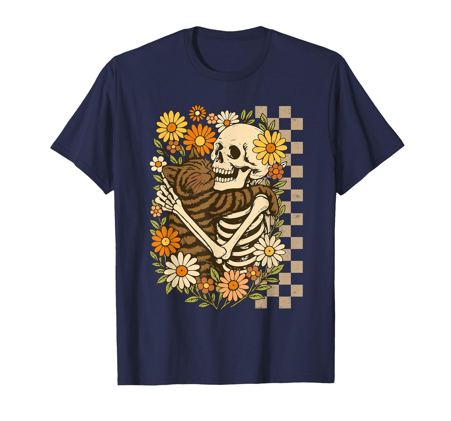 Floral Skeleton Hugging Cat Halloween Cat Lover Cat Mom Dad T-Shirt