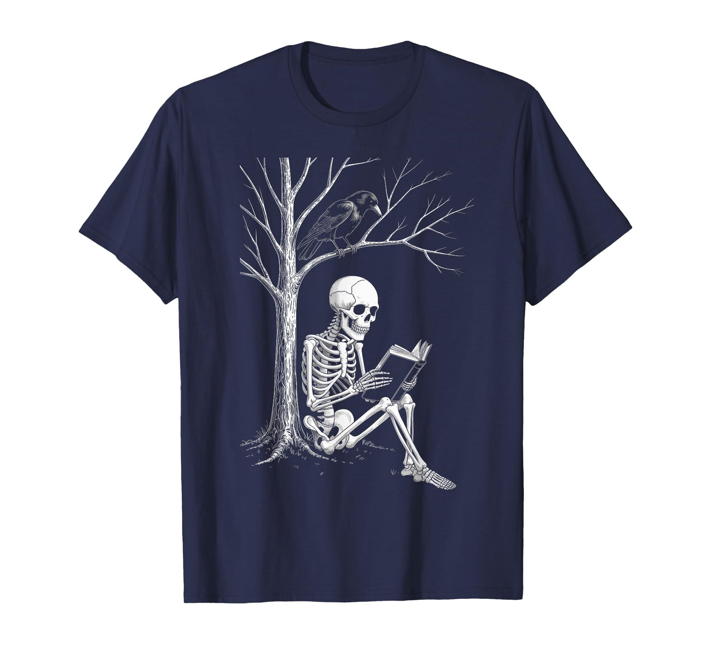Spooky Skeleton Reading Book Halloween Tree Crow T-Shirt