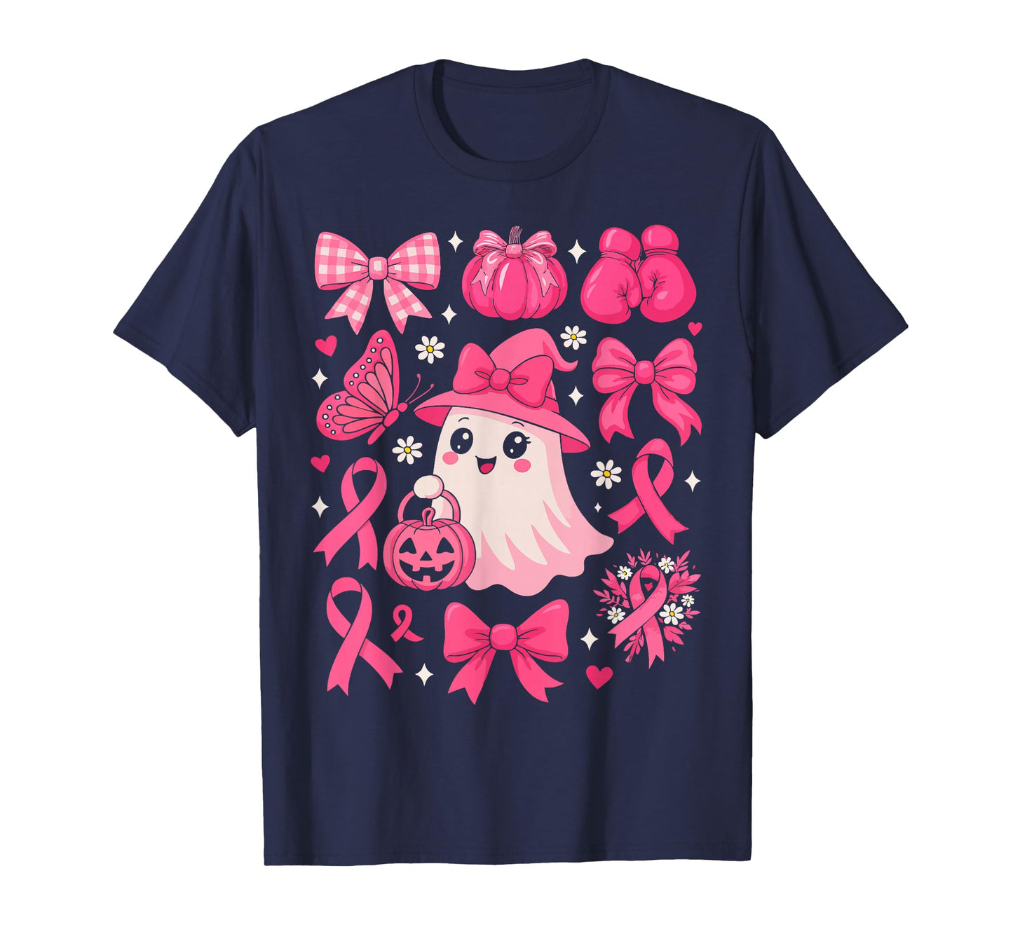 Floral Ghost Pink Ribbon Coquette Bow Pumpkin Breast Cancer T-Shirt