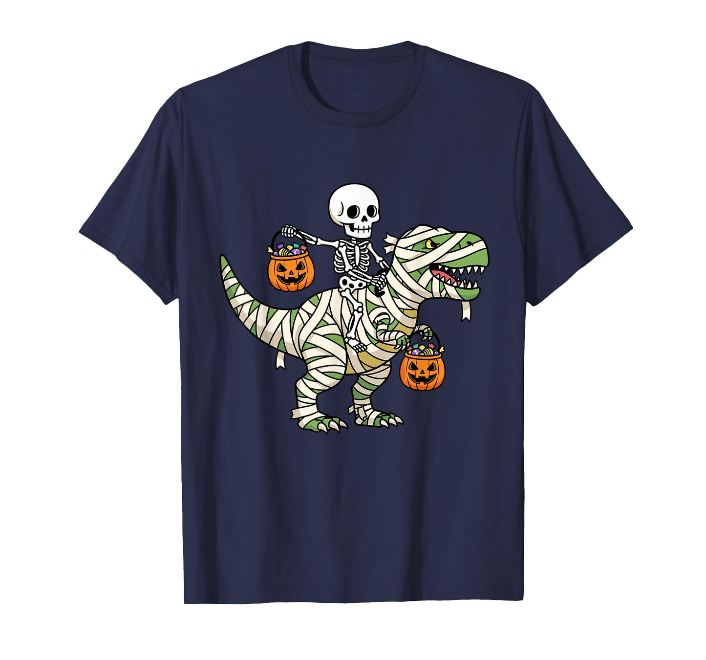 Skeleton Riding Mummy Dinosaur T-Rex Funny Halloween Pumpkin T-Shirt