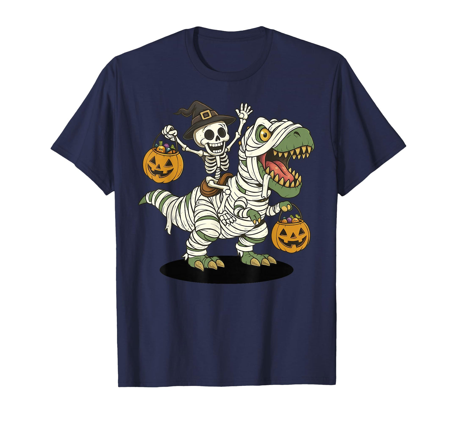 Skeleton Riding Mummy T Rex Halloween Dinosaur Design T-Shirt