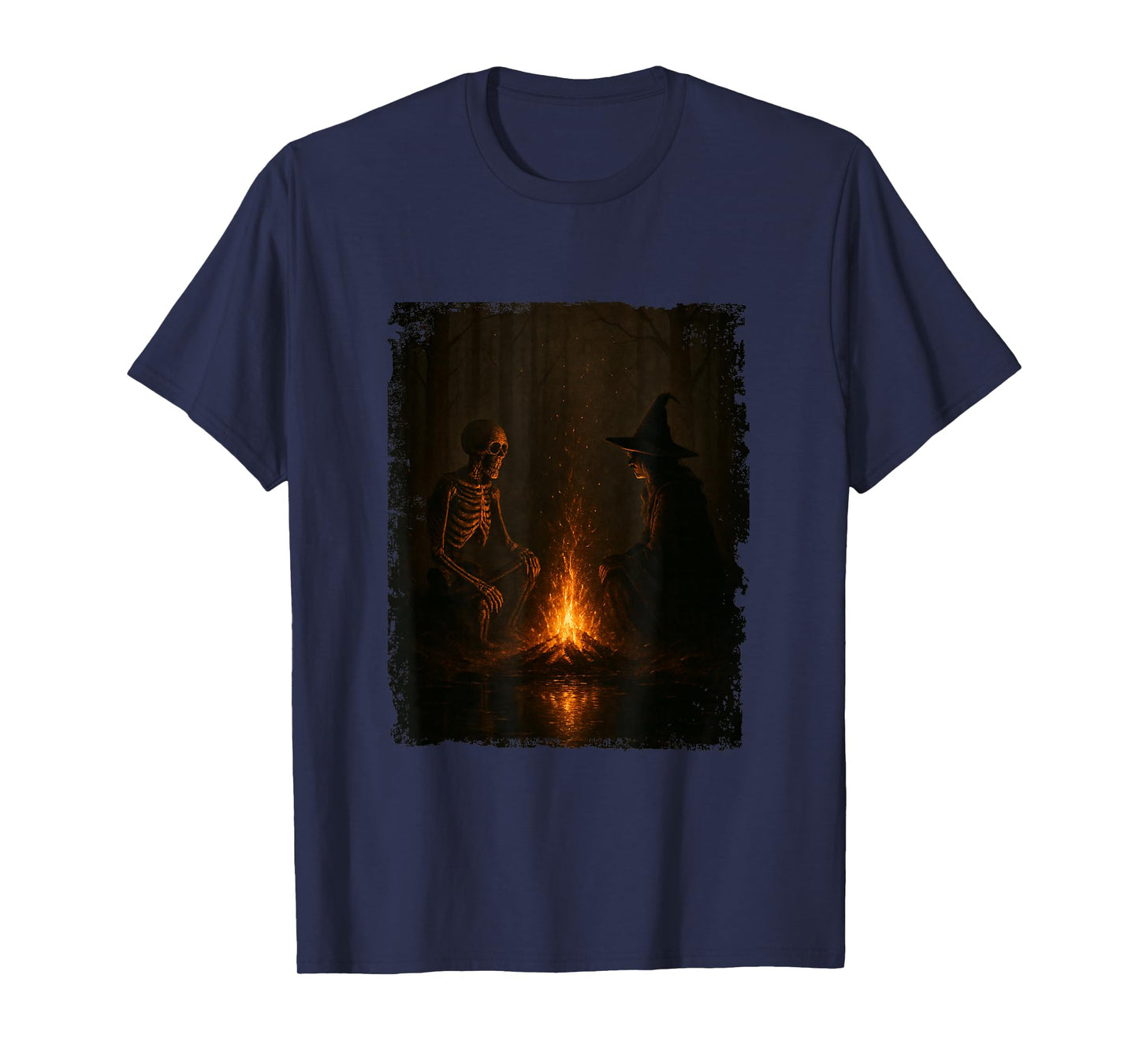 Witch and Skeleton by Fire Camping Gothic Halloween Night T-Shirt